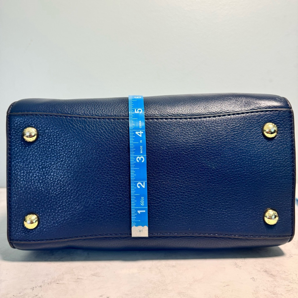 Women's Michael Kors Leather Large Hudson Satchel Tote Navy Blue Gold Logo - Picture 13 of 16